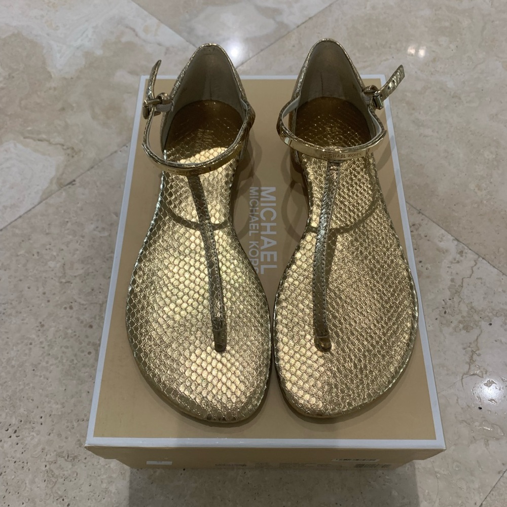 Michael Kors Gold Metallic Sandals with T-Strap Design